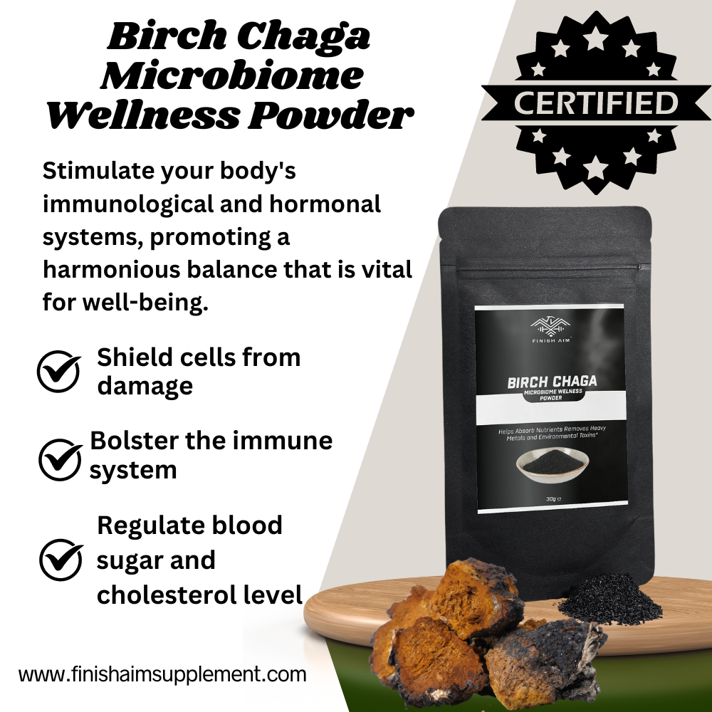 Finish Aim Birch Chaga Microbiome Wellness Powder for Enhanced Nutrient Absorption and Environmental Detoxification